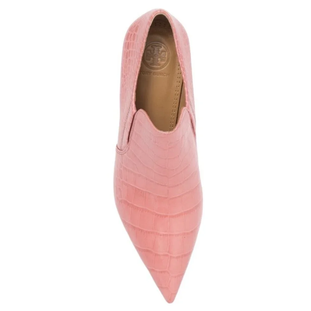 Tory Burch Pink Croc-Embossed Pointed Toe Ankle Booties